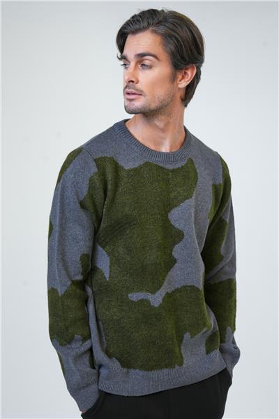 Antrasit Regular Fit Yeşil Desenli Bisiklet Yaka Triko Kazak