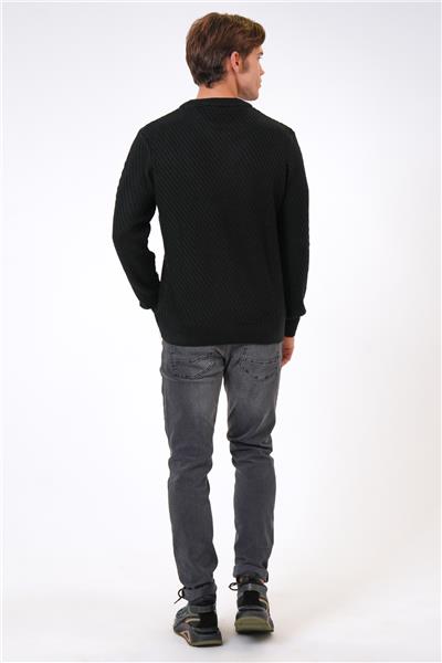 Siyah Regular Fit Yünlü Örgü Desenli Bisiklet Yaka Triko Kazak