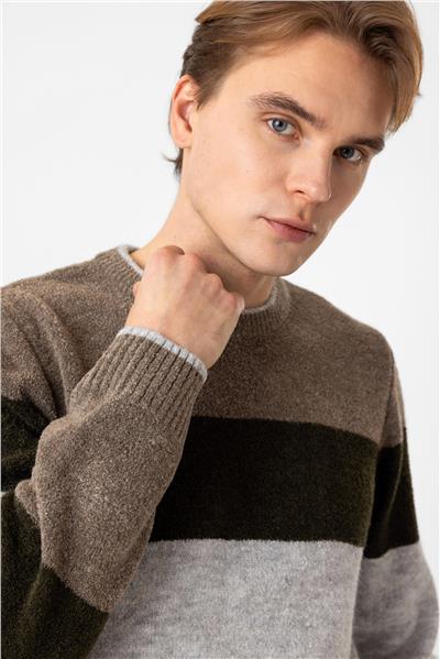 Vizon Regular Fit Bisiklet Yaka Çizgili Triko Kazak