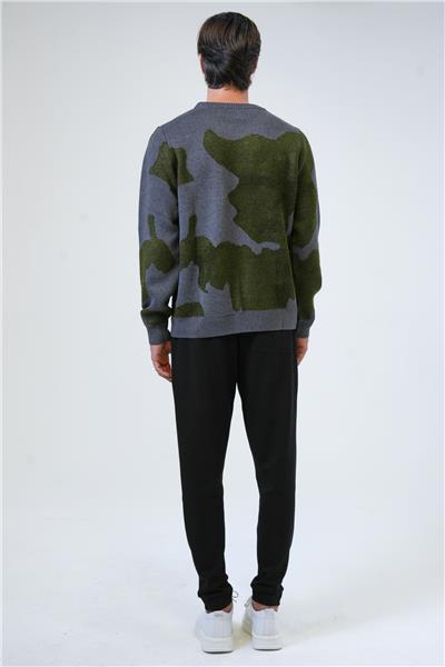 Antrasit Regular Fit Yeşil Desenli Bisiklet Yaka Triko Kazak