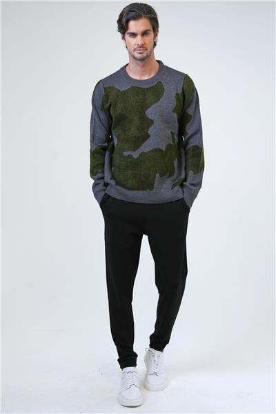 Antrasit Regular Fit Yeşil Desenli Bisiklet Yaka Triko Kazak