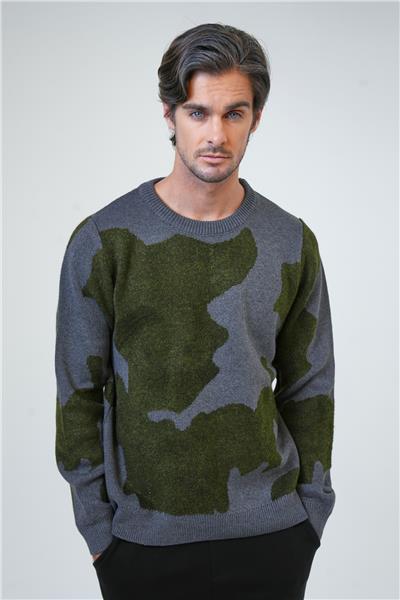 Antrasit Regular Fit Yeşil Desenli Bisiklet Yaka Triko Kazak