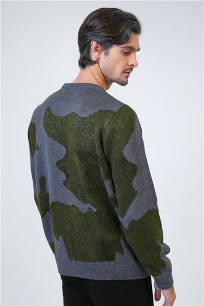 Antrasit Regular Fit Yeşil Desenli Bisiklet Yaka Triko Kazak