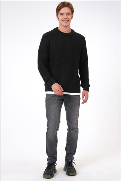 Siyah Regular Fit Yünlü Örgü Desenli Bisiklet Yaka Triko Kazak