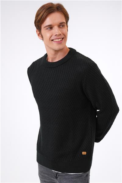 Siyah Regular Fit Yünlü Örgü Desenli Bisiklet Yaka Triko Kazak