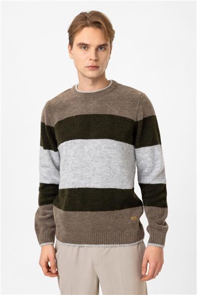 Vizon Regular Fit Bisiklet Yaka Çizgili Triko Kazak