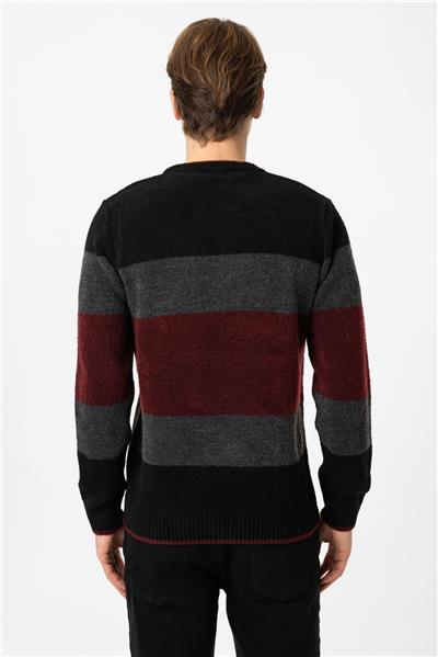 Siyah Regular Fit Bisiklet Yaka Çizgili Triko Kazak