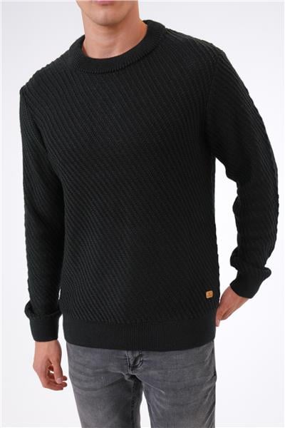 Siyah Regular Fit Yünlü Örgü Desenli Bisiklet Yaka Triko Kazak