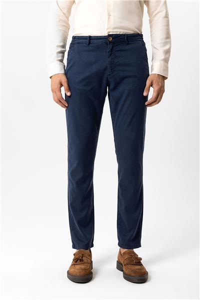 Lacivert Slim Fit Pamuklu Beli Bağcıklı Yan Cep Chino Pantolon
