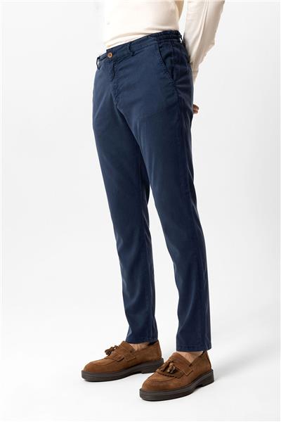 Lacivert Slim Fit Pamuklu Beli Bağcıklı Yan Cep Chino Pantolon