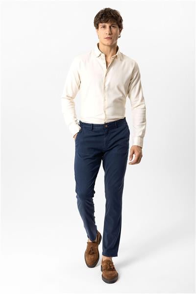 Lacivert Slim Fit Pamuklu Beli Bağcıklı Yan Cep Chino Pantolon