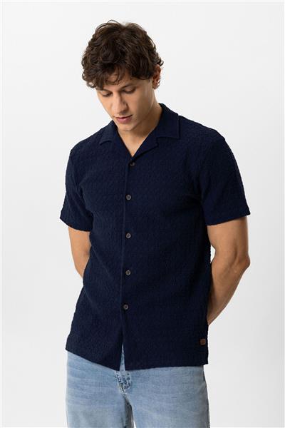 Lacivert Regular Fit Küba Yaka Örme Kısa Kollu Gömlek