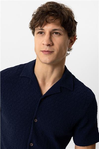 Lacivert Regular Fit Küba Yaka Örme Kısa Kollu Gömlek