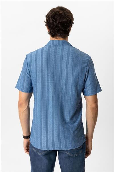 Mavi Regular Fit Küba Yaka Örme Kısa Kollu Gömlek