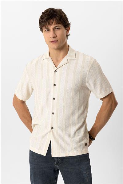 Bej Regular Fit Küba Yaka Örme Kısa Kollu Gömlek