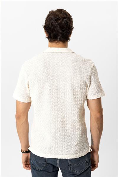 Beyaz Regular Fit Küba Yaka Örme Kısa Kollu Gömlek