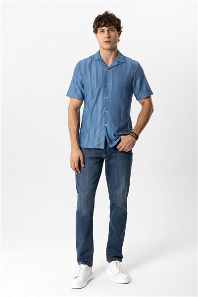 Mavi Regular Fit Küba Yaka Örme Kısa Kollu Gömlek