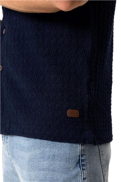 Lacivert Regular Fit Küba Yaka Örme Kısa Kollu Gömlek