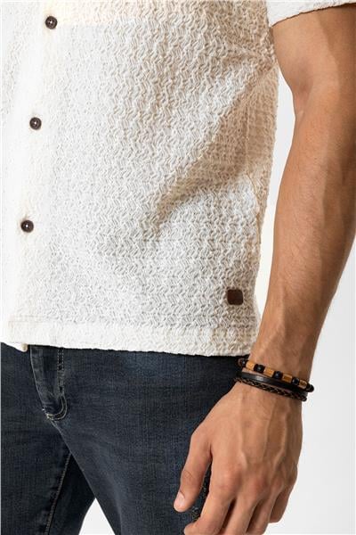 Beyaz Regular Fit Küba Yaka Örme Kısa Kollu Gömlek