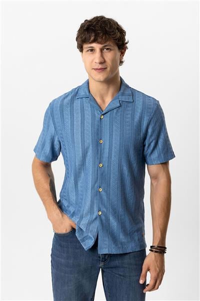 Mavi Regular Fit Küba Yaka Örme Kısa Kollu Gömlek