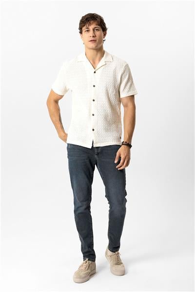 Beyaz Regular Fit Küba Yaka Örme Kısa Kollu Gömlek