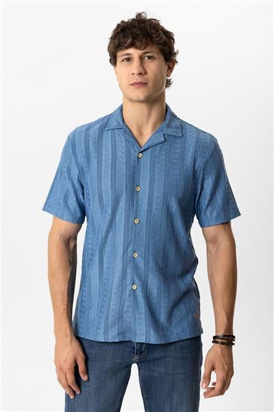 Mavi Regular Fit Küba Yaka Örme Kısa Kollu Gömlek