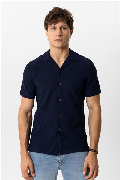 Lacivert Regular Fit Küba Yaka Örme Kısa Kollu Gömlek