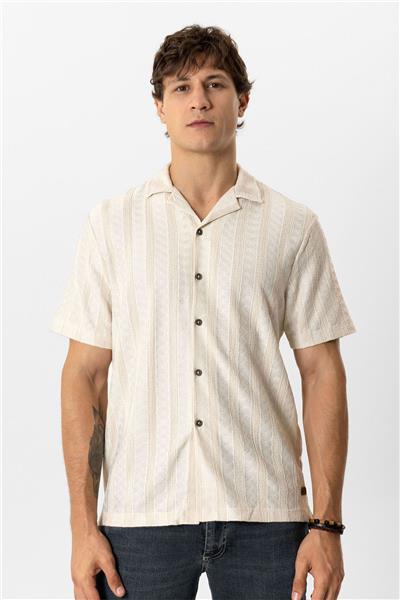 Bej Regular Fit Küba Yaka Örme Kısa Kollu Gömlek
