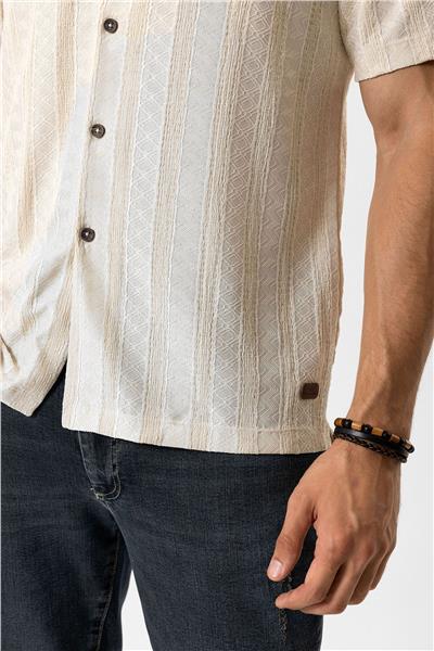 Bej Regular Fit Küba Yaka Örme Kısa Kollu Gömlek