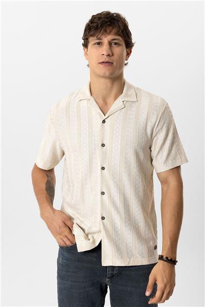 Bej Regular Fit Küba Yaka Örme Kısa Kollu Gömlek