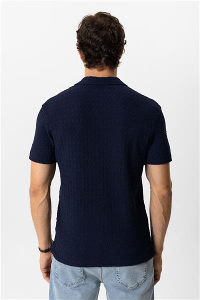 Lacivert Regular Fit Küba Yaka Örme Kısa Kollu Gömlek