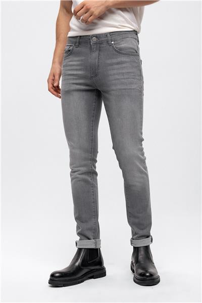 Gri Slim Fit 5 Cepli Pamuklu Denim Pantolon