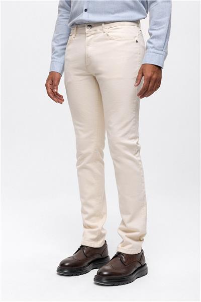 Ekru Slim Fit 5 Cepli Pamuklu Denim Pantolon
