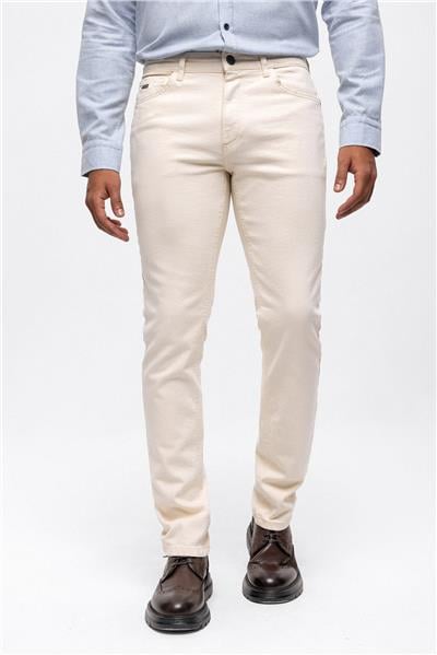 Ekru Slim Fit 5 Cepli Pamuklu Denim Pantolon