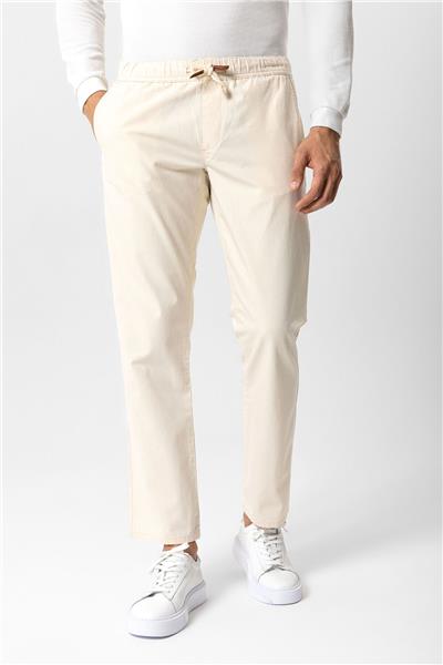 Ekru Relaxed Fit Yan Cepli %100 Pamuk Beli Bağlamalı Denim Pantolon