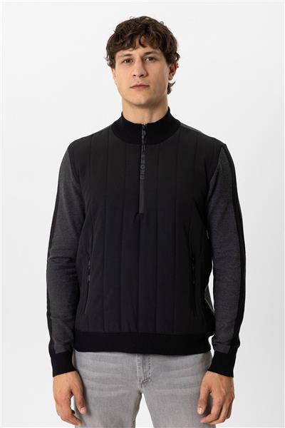 Siyah Regular Fit Dik Yaka Yarım Fermuarlı Triko Kazak