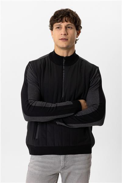 Siyah Regular Fit Dik Yaka Yarım Fermuarlı Triko Kazak