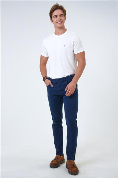 Lacivert Slim Fit 5 Cepli Armürlü Pamuklu Chino Pantolon
