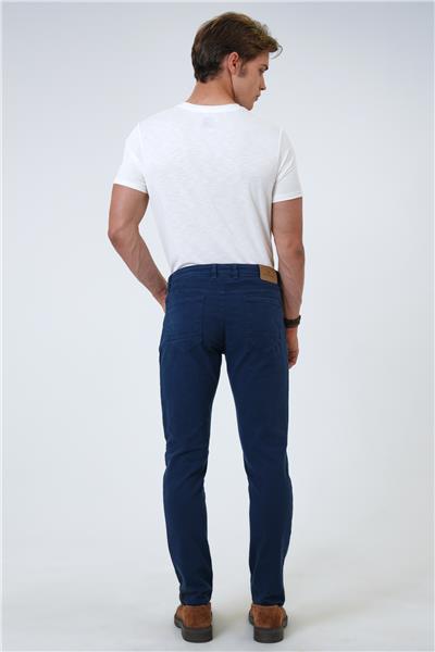 Lacivert Slim Fit 5 Cepli Armürlü Pamuklu Chino Pantolon