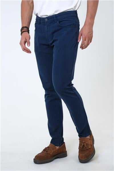 Lacivert Slim Fit 5 Cepli Armürlü Pamuklu Chino Pantolon