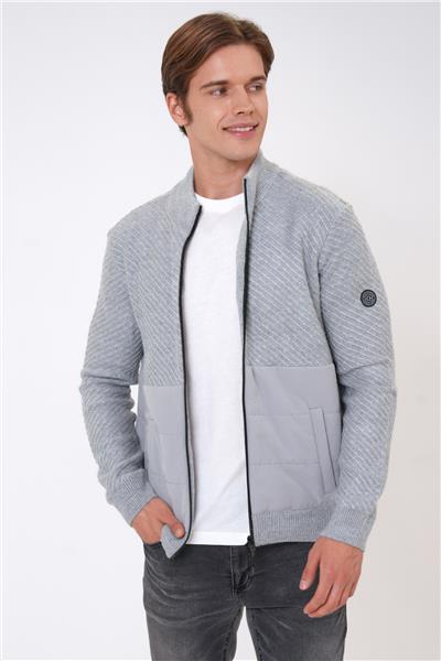 Gri Regular Fit Desenli Yumuşak Dokulu Fermuarlı Hırka