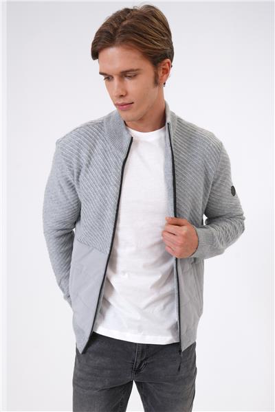 Gri Regular Fit Desenli Yumuşak Dokulu Fermuarlı Hırka