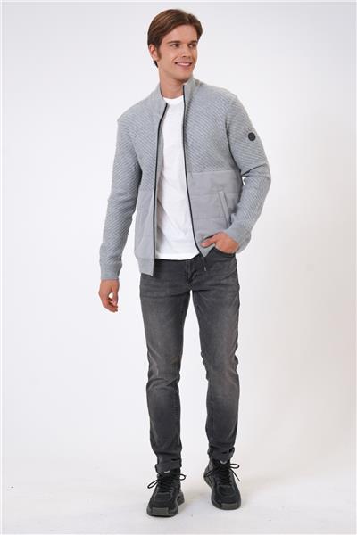 Gri Regular Fit Desenli Yumuşak Dokulu Fermuarlı Hırka