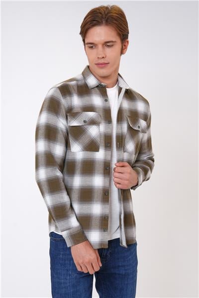 Haki Regular Fit %100 Pamuk Ekoseli Gömlek