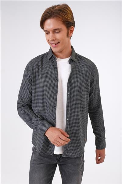 Antrasit Regular Fit %100 Pamuk Ekoseli Gömlek