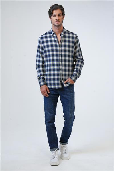 Lacivert Regular Fit Pamuklu Ekoseli Gömlek