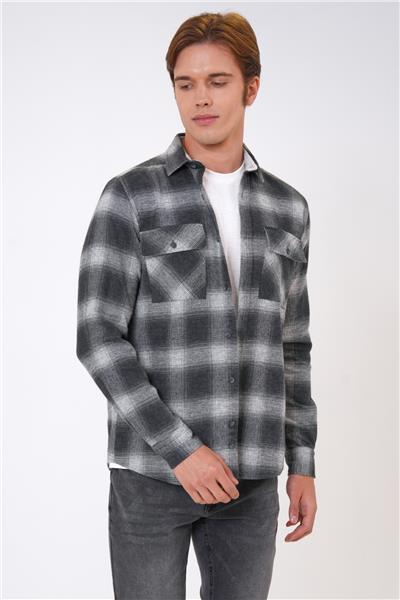 Siyah Regular Fit %100 Pamuk Ekoseli Gömlek