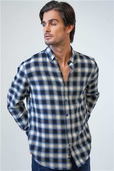 Lacivert Regular Fit Pamuklu Ekoseli Gömlek