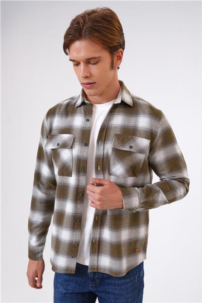 Haki Regular Fit %100 Pamuk Ekoseli Gömlek