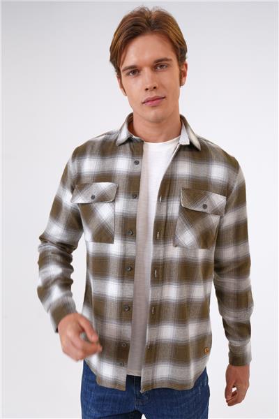 Haki Regular Fit %100 Pamuk Ekoseli Gömlek